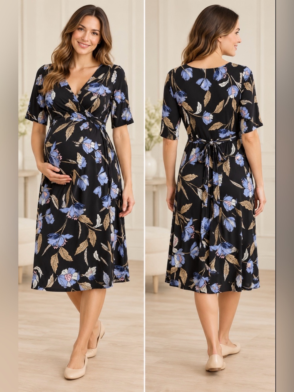 Motherhood Maternity Black Blue Floral Faux Wrap Dress Size Small